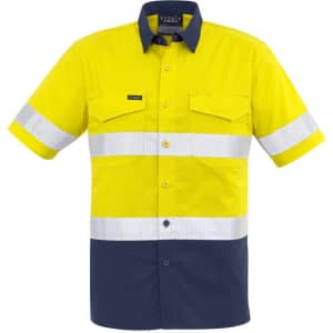 A short sleeve shirt in high visibility yellow and navy, featuring reflective taping and a logo.