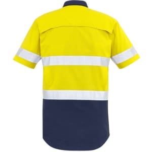 A yellow and navy short sleeve work shirt with reflective tape and a logo. Suitable for high visibility needs.
