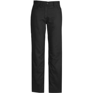 A pair of black utility pants with a standard fit and pockets, featuring a subtle logo.