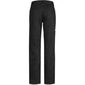Black women's plain utility pants featuring a back view with pockets and a logo. Suitable for workwear.