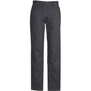 A pair of women's plain utility pants in black, featuring a logo and multiple pockets.