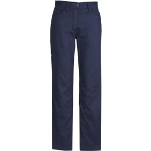 A pair of women's navy utility pants with a straight leg design and a logo on the side.