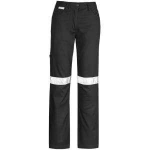 A pair of black women's utility pants with reflective strips and a logo on the waistband.