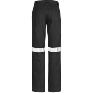 Black women's utility pants with reflective tape and a logo on the back. Features pockets and a straight leg design.