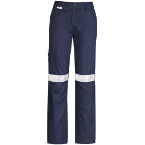 Navy women's utility pants with reflective tape, featuring pockets and a logo. Suitable for workwear.