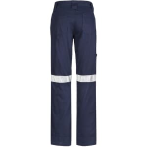 Navy work pants featuring reflective tape strips and pockets, designed for utility and functionality.