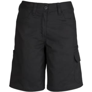 A pair of black utility shorts with side pockets and a straight fit, featuring a logo on the waistband.