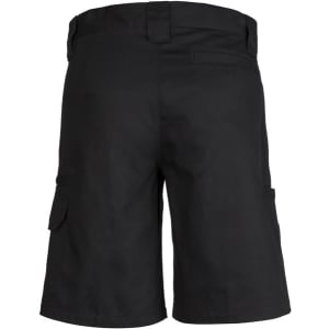 A pair of black women's utility shorts featuring side pockets and a waistband. The back view is displayed.