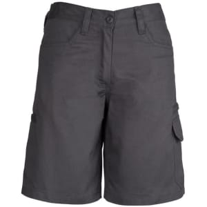 A pair of women's plain utility shorts in dark grey, featuring pockets and a branded label.