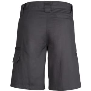 A pair of dark grey utility shorts with cargo pockets and a waistband, featuring a logo on the back.