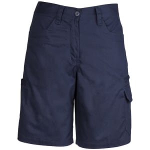 Navy blue women's utility shorts with multiple pockets and a logo on the waistband. Suitable for workwear.