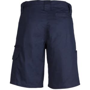 Navy women's utility shorts featuring side pockets and a waistband. The design includes a simple logo.