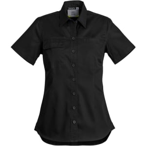 A black lightweight short sleeve shirt featuring a button-up front and chest pocket, with a logo on the label.