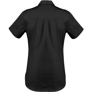 A black women's lightweight short sleeve work shirt featuring a collared design and rear pleats.