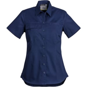 A navy short sleeve shirt for women, featuring a button-up front and a chest pocket. Includes branding on the label.