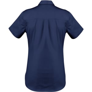 A navy blue short sleeve shirt with a fitted design, featuring a back yoke and logo.