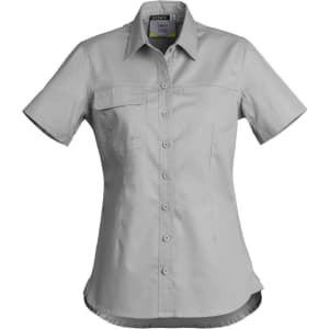A women's lightweight short sleeve shirt in light grey, featuring a collar, buttons, and two front pockets.