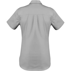 A light grey women's short sleeve work shirt with a collar and a logo on the back.