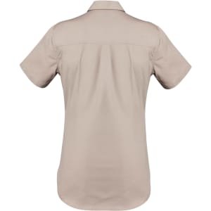 A short sleeve women's work shirt in a light beige colour, featuring a back yoke and a brand logo.
