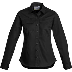 A women's lightweight long sleeve shirt in black, featuring a button-up front and a chest pocket, with branding.