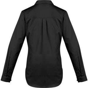A women's long sleeve shirt in black with a tailored fit and an integrated logo on the back.