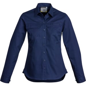 A women's lightweight long sleeve shirt in navy blue with a button-up front and a single chest pocket.