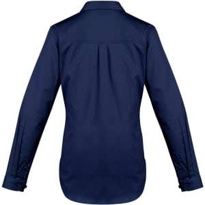 A women's long sleeve shirt in navy blue, featuring a structured design and a back pleat. It has brand logos.