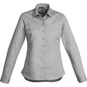 A women's lightweight long sleeve shirt in light grey with a button-up front and chest pocket, featuring a logo.