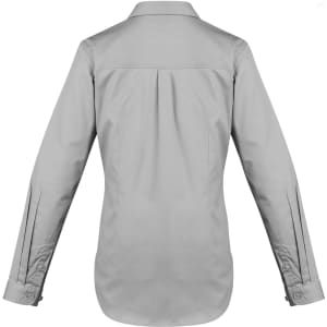 A grey women's lightweight long sleeve work shirt with a collar and buttoned cuffs. It features a logo on the back.