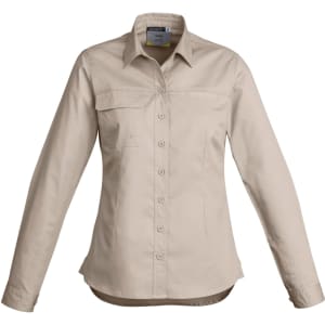 A Women's lightweight long sleeve shirt in beige with a collar and button-up front, featuring a pocket and branding.