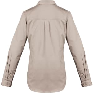 A women's lightweight long sleeve shirt in beige, featuring a back pleat and buttoned sleeves. It has a logo on the collar.