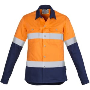 A long sleeve work shirt in orange and navy featuring reflective hoop tape and a logo.