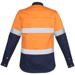 A long sleeve work shirt in orange and navy with reflective hoop tape for visibility and safety. Features a logo.