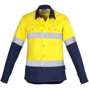 A long sleeve women's work shirt in bright yellow and navy, featuring reflective hoop tape and a front pocket.