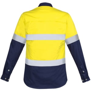 A long sleeve work shirt in bright yellow with navy blue sections and reflective tape across the chest and back.