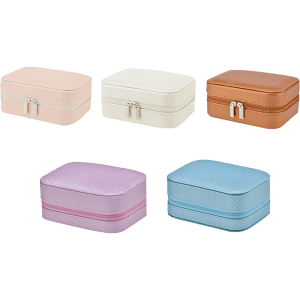 A set of five small jewellery storage boxes in pastel pink, white, tan, lavender, and light blue. Each box has a zip closure.