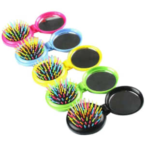 A set of portable travel folding hair brushes with mirrors, featuring vibrant colours like pink, blue, yellow, green, and black.