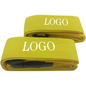 Yellow luggage straps with plastic buckles, featuring a logo on them. Two straps are displayed side by side.