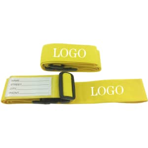 Yellow luggage straps with adjustable buckles and a space for personal information. The product includes branding.