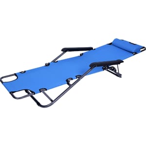 A blue lounge chair with a black frame and armrests, featuring a reclining design for comfort.