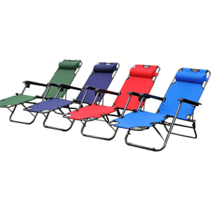 Four lounge chairs in green, navy blue, red, and royal blue, featuring adjustable positions and headrests.