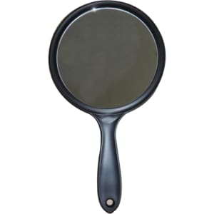 A double-sided mirror with a black handle and a circular reflective surface.