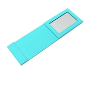 A turquoise leather-coated makeup mirror with a foldable design and a single reflective surface.