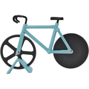 A bicycle-shaped pizza cutter in light blue and black, featuring a stand for easy storage.