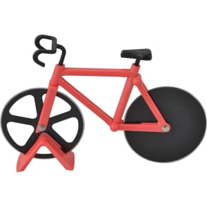 A red bicycle-shaped pizza cutter with black wheels and a stand. It includes a logo on the handle.
