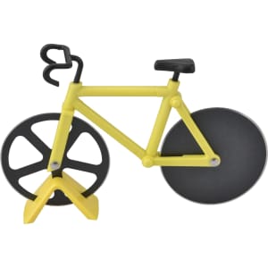 A yellow bicycle-shaped pizza cutter with black wheels and a stand, featuring a playful design.