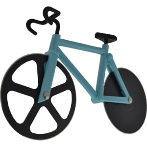 A blue bicycle-shaped pizza cutter with black wheels and a handle, featuring a branding logo.