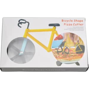 A bicycle-shaped pizza cutter in a black and yellow box, featuring a blue wheel and a handle resembling handlebars.
