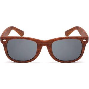 Wood-like sunglasses featuring dark lenses and a textured brown frame. Includes a logo on the side.