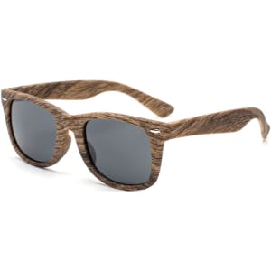 Wood-like sunglasses with dark grey lenses and a textured brown frame. Features a logo on the side.